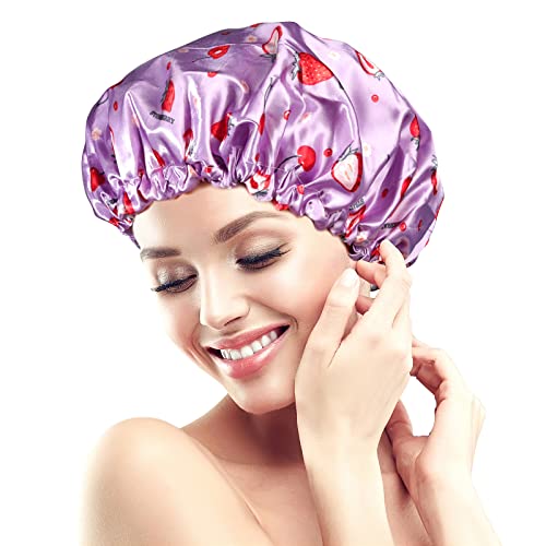 Shower Caps for Women Reusable Waterproof, Adjustable Double Layer Shower Cap, Hair Cap, Bathing Cap Shower Hat Fit for Kids Adult Hair Protection - color: Purple Strawberry, size: Medium