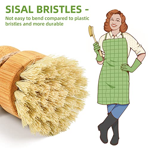 SUBEKYU Bamboo Dish Scrub Brushes, Kitchen Wooden Cleaning Scrubbers Set for Washing Cast Iron Pans/Pots, Set of 3 - color: Ceramic Dish+ 1p Palm+ 2p Sisal, size: Regular size