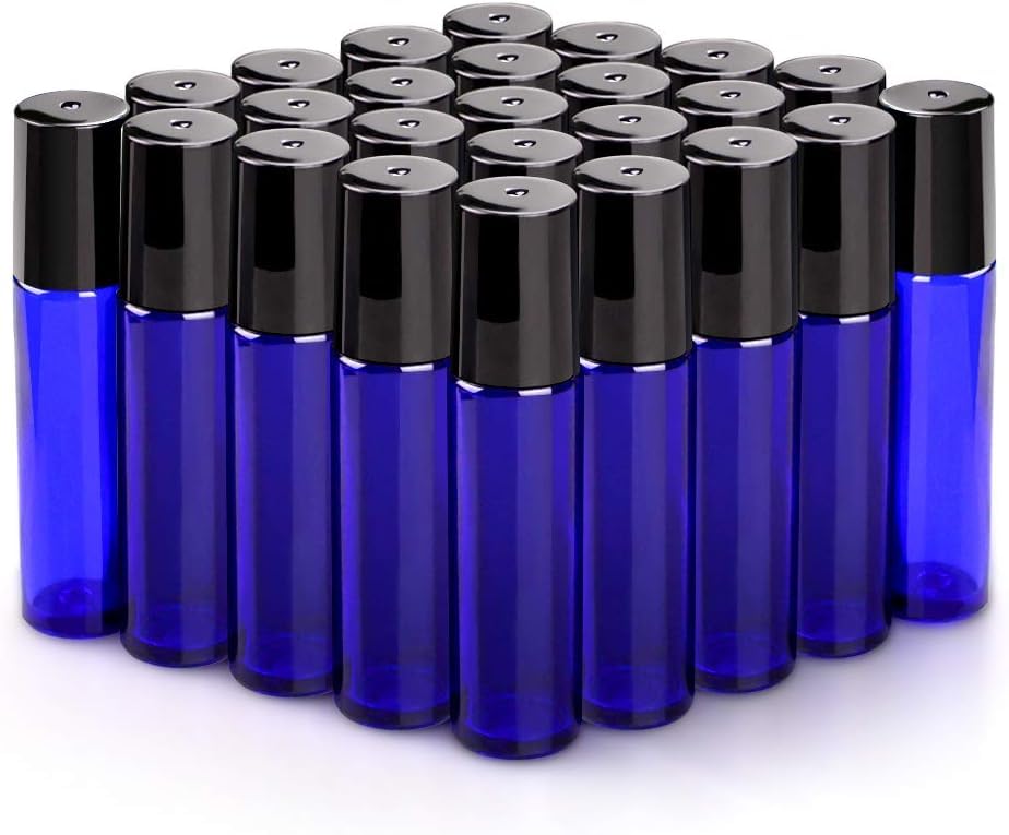 sungwoo 25 Pack Essential Oil Roller Bottles, 10ml Blue Glass Roller Bottles with Stainless Steel Roller Balls and Caps for Travel, Perfume and Lip Gloss - color: Blue, style: 25 Pack