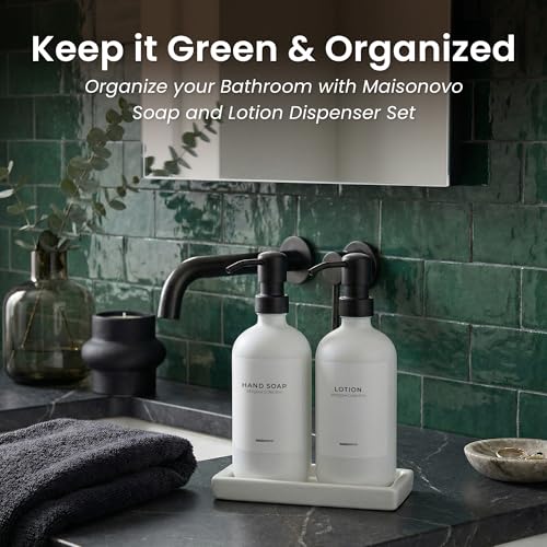 MaisoNovo Bathroom Soap Dispenser Set- Soap and Lotion Dispenser Set with White Soap Dispenser, Black Pumps & Ceramic Tray - color: White Bottles/ Black Pumps/ White Ceramic Tray