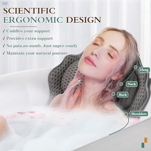 Bath Pillow RUVINCE Ergonomic Luxury Bathtub Pillow with Head,Neck, Shoulder and Back Support, 4D Bath Pillows for tub with 6 Powerful Suction Cups, Fits All Bathtub - color: Grey