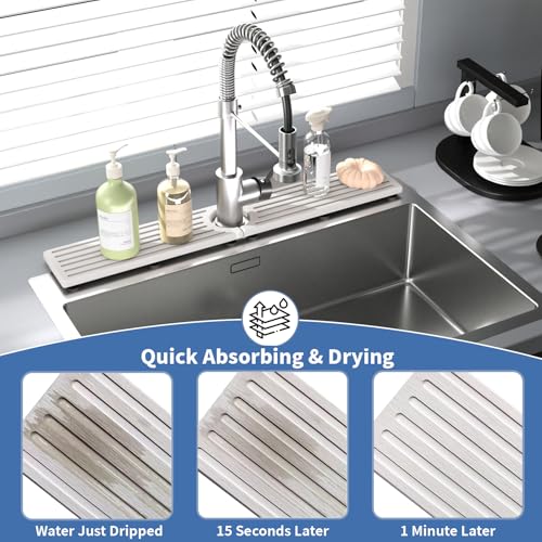 Faucet Mat for Kitchen Sink, Water Absorbent Kitchen Faucet Mat, Durable Sink Splash Guard with Raised Feet, Diatomite Fast Drying Kitchen Sink Faucet Mat, Bathroom Stone Drying Tray for Counter - color: White Gray Style 1, size: 15.8" x 4"