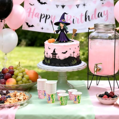 WRAPAHOLIC 3oz Witch Birthday Paper Cups - 100 Pack Disposable Bathroom Cups with Magic Witch Design, Small Mouthwash Cup for Toothbrush Rinse, Home Bathroom and Girls Birthday - color: Green & Pink Witch