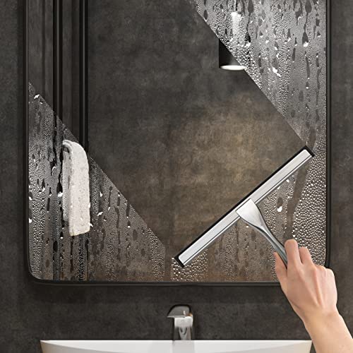 All-Purpose Stainless Steel Shower Squeegee for Shower Glass Door with 2 Adhesive Hooks, Bathroom Cleaner Tool Household Window Mirror Squeegee for Glass Doors, Cleaning Tile Wall, Car, 14 Inch Silver - color: Silver, size: 14 Inch