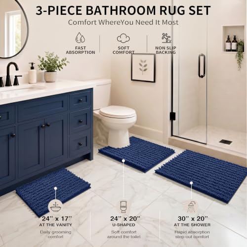 Yimobra Bathroom Rug Set 3 Piece - Super Absorbent Quick Dry Chenille Bath Mats & Toilet Rug, Non Slip Machine Washable, Extra Thick Shaggy Floor Mat for Shower Tub Sink, Navy Blue - color: Navy Blue, size: 24"x17" + 24"x20" + 30"x20"