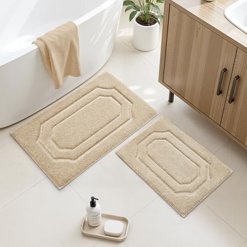 HOMEIDEAS Bathroom Rugs Sets 2 Piece, Extra Soft and Absorbent Microfiber Plush Bath Mat with Non Slip Backing(Beige) - color: Beige
