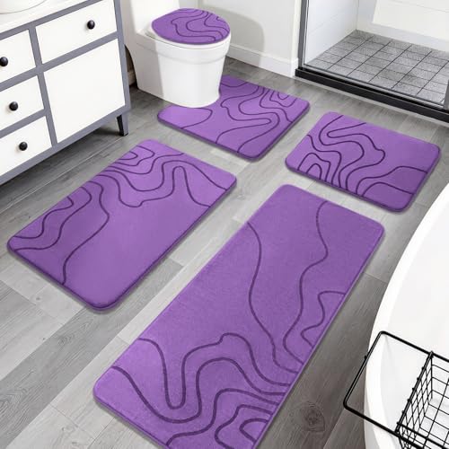 YIHOUSE Memory Foam Bathroom Rugs Sets 5 Piece - Extra Thick Ultra Soft Absorbent Bath Mat Set, Non-Slip Machine Washable Bath Rugs for Bathroom, Tub & Shower, Home Decor Accessories, Purple - color: Purple, size: 1'5" x 3'10" (5 pieces)