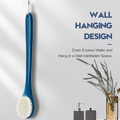 Back Scrubber for Shower, Shower Body Brush for Cleaning with Long Handle for Showering, 17 Inch Back Washer Exfoliator for Shower Men Women with Non-Slip Handle, Adhesive Hook (Navy Blue) - size: Navy Blue - Artificial Bristles