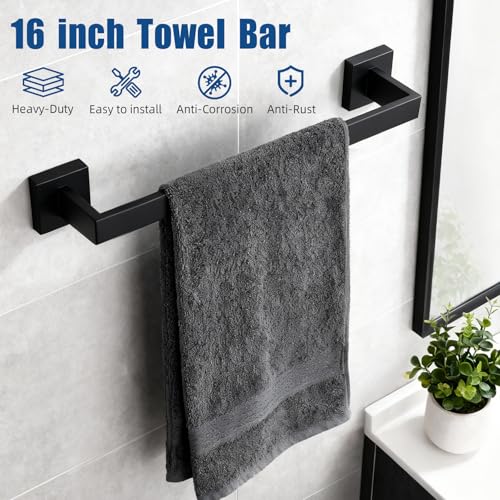 7-Piece Matte Black Bathroom Accessories Hardware Set, Stainless Steel 16" Towel Bar, Towel Ring, Toilet Paper Holder with Shelf, 4 Towel Hooks, Wall Mounted for Bathroom, Kitchen, Hotel - color: Black, size: 7 Pieces