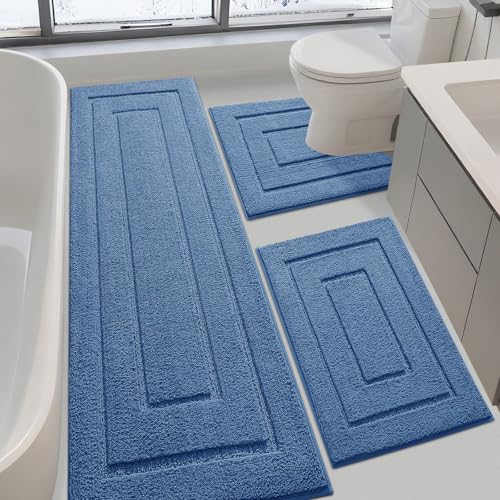 IM HOME Bathroom Rugs Sets 3 Piece, Ultra Soft Plush Fluffy Microfiber Absorbent Bath Mat, Non-Slip Backing, Machine Washable Bath Mats for Bathroom Floor, Tub, Toilet and Shower, Blue/Bordered - color: A-blue, size: 24"x17"+48"x20"+U Shape 24"x20"