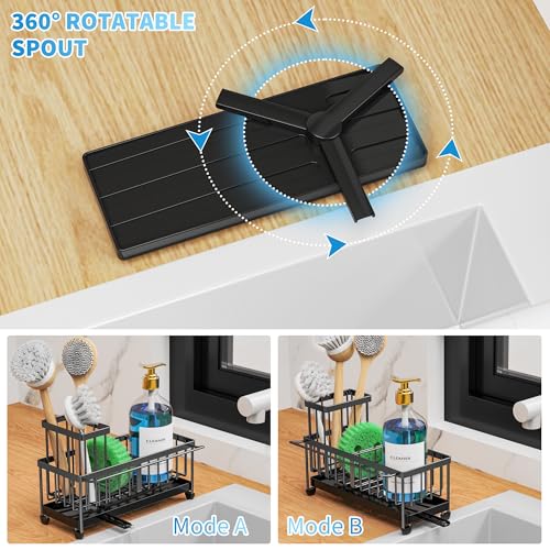 Cisily Sponge Holder for Kitchen Sink, Sink Caddy Organizer with High Brush Holder, Kitchen Countertop Organizers and Storage Essentials, Rustproof 304 Stainless Steel (Black with Towel Rack, 9.25″) - color: Black With Towel Rack - 9.25″