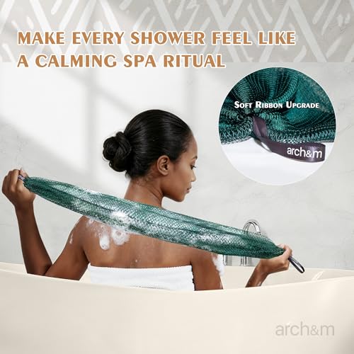 ARCH&M African Net Sponge Authentic with Knots, 2 Pack 53" Long | Exfoliating Back Scrubber, Quick-Dry Shower Mesh Loofah, Daily Use For Body & Face, Gentle for All Skin Types - color: Purple + Champagne
