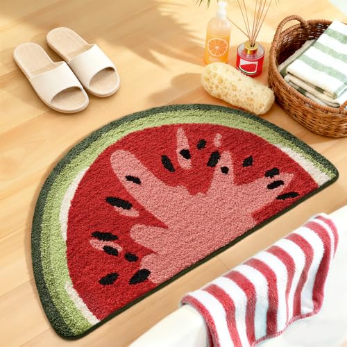 DEXI Cute Bathroom Rugs Half Round, Funny Fruits Absorbent Bath Mat Non Slip Washable, Extra Soft Plush Microfiber Bathmat for Shower Floor, Tub, Sink, Bedroom, 32x20, Watermelon - color: Watermelon