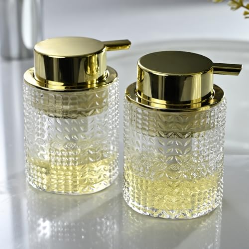 CICUFY Foaming Glass Soap Dispenser,Hand Foam Soap Dispenser for Kitchen & Bathroom-2 Pack（B-Type Clear Glass/Gold Pump） - color: Clear-2 Pcs, style: Foam/Polkadot Pattern/Golden Top