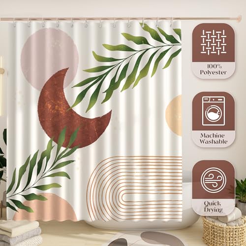 EOSAHR Boho Shower Curtain Set with 12 Hooks - Lightweight Polyester Bathroom Curtain, Machine Washable, Quick Dry - Moon & Leaf Abstract Art Design 71"x71" (Neutral Tones) - color: Boho - Moon