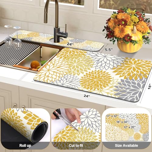Findosom 2PCS 16" x 24" Fall Dish Drying Mat & 24" x 5.5" Sink Splash Guard, Super Absorbent & Cuttable Dish Mat Drying Kitchen Mat with Yellow Floral, Hide Stain Drying Mat for Kitchen Counter - color: Yellow, size: 16" X 24" + 24" X 5.5"