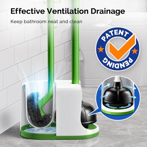 HAMITOR Toilet Plunger Bowl Brush Combo：Heavy Duty Rubber for Drain Clog Remover - Curved Design Bristles for Deep Cleaning Under Rim - Compact Bathroom Cleaning Tools for New Homet Essentials-Green - color: D-green, size: 1 pack