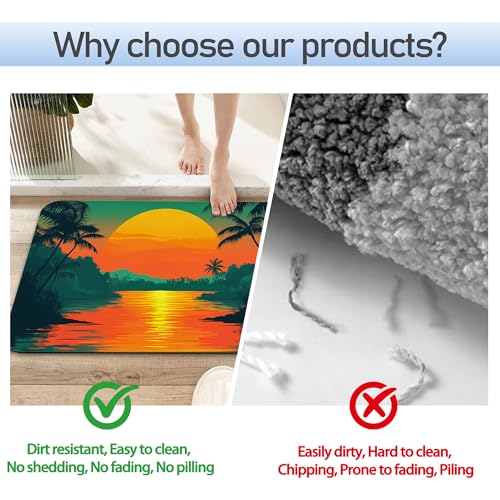 Abstract Nature View Bathroom Rug 29.5"x17", Super Absorbent Fast Drying Bath Mat with Non-Slip Rubber Backing, Thin Low-Profile Easy-Clean Bathroom Floor Mat for Shower or Tub - color: Tropical Sunset Plam