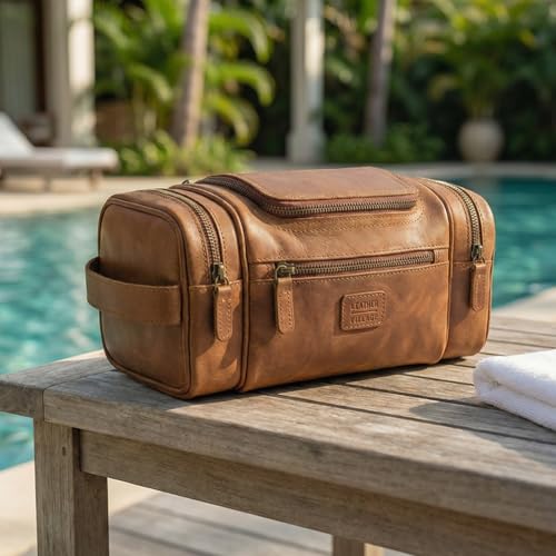 LEATHER VILLAGE Genuine Leather Travel Dopp Kit for Men & Women – Water-Resistant Large-Capacity Hanging Toiletry Bag for Travel, Grooming, Bathroom Organization, Shaving Essentials & Gym Use - Tan - color: Tan