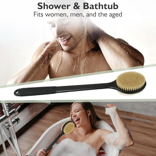 Back Scrubber for Shower, Anti-Slip Long Handle Shower Brush with Soft & Stiff Bristles, Body Exfoliator for Shower, Bath, or Dry Use (Black) - size: 17 in - Black