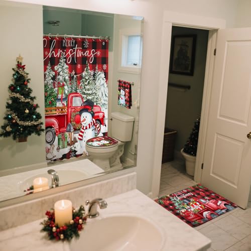 FuWeave 8 Pcs Christmas Shower Curtain Set Xmas Santa Bathroom Decoration Christmas Tree Hand Towels Snowman Toilet Lid Cover Bathroom Rugs Xmas Shower Curtain with Hooks(Buffalo Plaid) - color: Buffalo Plaid