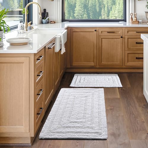 Bedding Craft Bathroom Bath Mat Rug Set of 2, 17x24 + 21x34, Off White | 100% Cotton, Reversible, Absorbent, Machine Washable, Soft Mats for Tub Side - color: Off White, size: 1'9" x 2'10" (Rectangular)