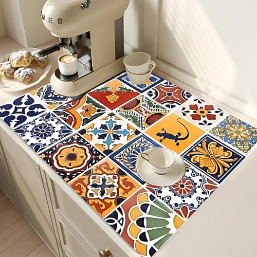 2Pcs Dish Drying Mats Faucet Mats Sets Large Size Coffee Mats Sink Faucet Mat Splash Guard for Kitchen Counter Bathroom Sink Coffee Bar Kitchen Decor (Retro Boho, 18"x24" 15" x 5.5"Set) - color: Retro Boho