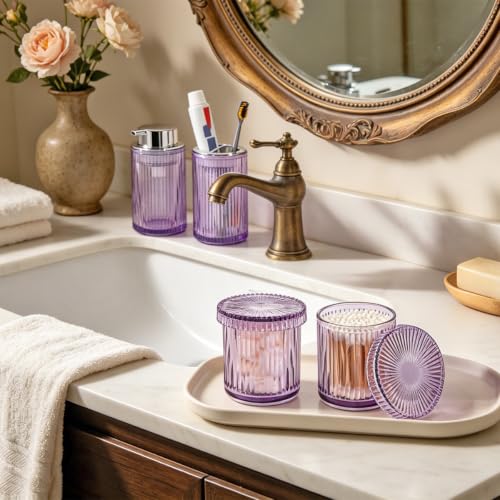 4pcs Glass Bathroom Accessories Set, Foaming Soap Dispenser, Toothbrush Holder and Cotton Swab Jar for Bathroom Counter Organizer Essentials, Vintage Ribbed Bathroom Decor, Purple - color: Purple and Silver