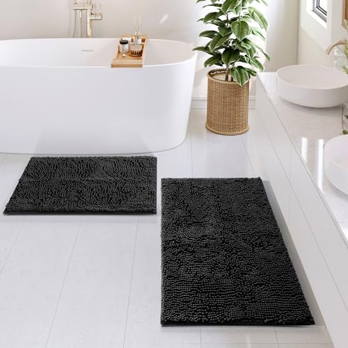 Hearth & Harbor Bathroom Rugs, Chenille Bath Mat - Machine Washable Bath Mats for Bathroom Non-Slip Backing Rubber, Quick Dry Bathroom Mat - color: Black, style: 17 x 24 + 20 x 32