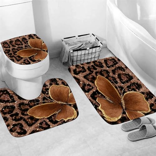 4 Piece Brown Glitter Leopard Shower Curtain Set with Rugs | Luxury Golden Butterfly Art, Glam Animal Print Fabric, Non-Slip Mats, Toilet Lid Cover - color: Brown