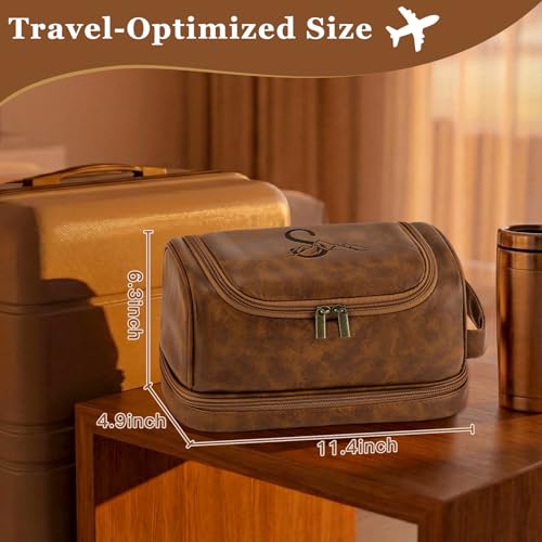 Personalized Gifts Travel Toiletry Bag for Men, Laser-Engraved Initial Waterproof PU Leather Shaving Bag Valentines Easter Birthday Gifts for Men Dad Husband Son Groomsmen Light Brown H - color: Light Brown, style: H