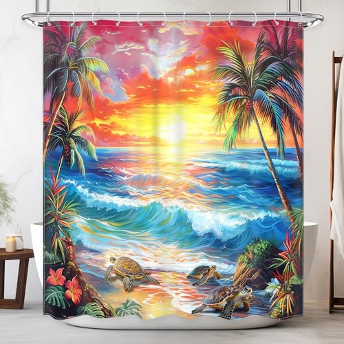 Newsely Ocean Shower Curtain 60Wx72L Inch Summer Beach Tropical Leaf Hawaiian Rustic Bright Red and Yellow Sky Sea Turtles Bathroom Set Sunset Waterproof Bath Decoration Accessories Home Decor - color: A-06beach, size: 60"W x 72"L (Pack of 1)