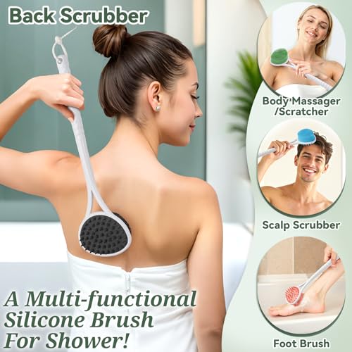 Silicone Back & Face Scrubber Set, 15.35’’ Soft Back Scrubber for Shower with Dual-Side Brush Head, Gentle Silicone Facial Scrubber Face Brush for Deep Lathering & Cleansing(Black-2PCS) - color: 2*black