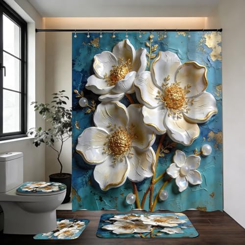 DDQQ 4Pcs White Flower Shower Curtain Sets Vintage White Floral on Blue Background Bathroom Sets, Shower Curtain with 12 Hooks Bathroom Decor with Rugs Bath Accessories with Mats Toilet Lid Cover - color: Peacock
