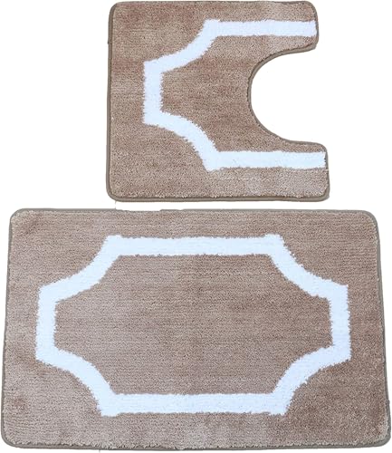 Yafa Home Fashion 2 Piece Modern Design Microfiber Soft Bathroom Rug Set, Non-Slip PVC Backing - color: Regal Frame Beige, size: 2 Piece: 20" X 20" + 20" X 32" (Rectangular)