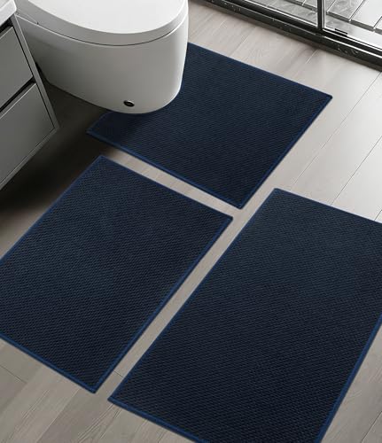 YIHOUSE Bathroom Rug Sets 3 Piece, Ultra Thin Quick Dry Bath Mat, Absorbent Bath Mat for Bathroom Non Slip Machine Washable Bath Rug (Blue) - color: Dark Blue, size: 3 Pieces