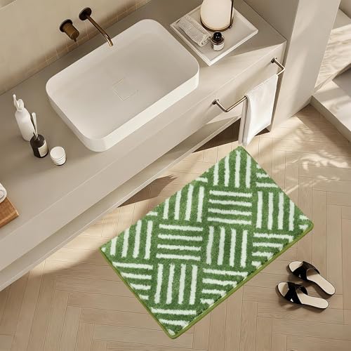 ORTIGIA Striped Green Bathroom Rugs Non Slip Washable, 20x30 Quick Dry Absorbent Soft Plush Microfiber Bath Mats, Bath Rugs for Bathroom Floor Carpet for Sink Bedroom