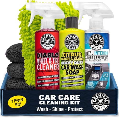 Chemical Guys Car Cleaning Kit - with Car Wash Soap, Wheel Cleaner, Total Interior, Car Wash Mitt - Interior and Exterior Wash Kit with Vehicle Cleaning and Detailing Accessories - 7 Item Kit - style: KIT