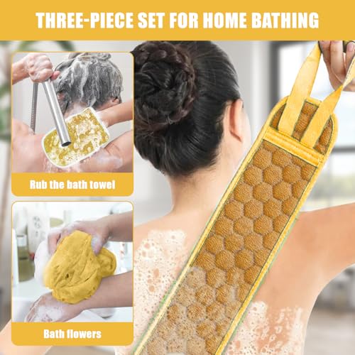Back Scrubber Set, 3Pcs Bath Gloves and Shower Loofah Sponge for Body Scrub and Daily Shower Cleaning(Yellow) - color: Yellow