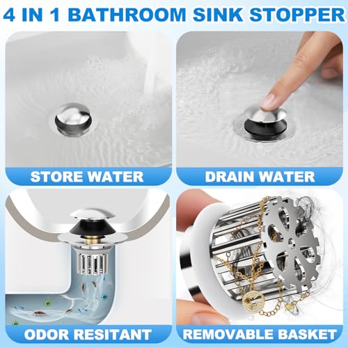 Universal 4 in 1 Bathroom Sink Stopper with Removable Filter Basket, Pop Up Pure Copper Bathroom Sink Drain Strainer, Anti-Clogging Bathroom Drain Stopper Sink Plug for 1.06"-1.65" Basin Drain Holes - color: Silver With Removable Basket