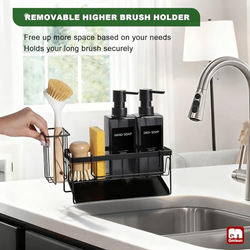 GMISUN Dish Soap Dispenser for Kitchen, 12 fl oz / 350 ml Dual Kitchen Soap Dispensers with Sponge Holder, Transparent Black Glass Kitchen Soap Dispenser Set, Modern Hand and Dish Soap Bottle Set - color: Clear Black Bottle + Black Rack