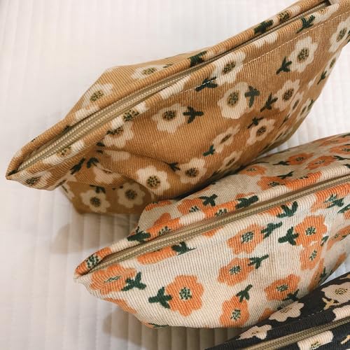 HAPPYHEIDI Women Floral Corduroy Makeup Bag Travel Cosmetic Canvas Pouch Purse Organizer, Cute Beige Flowers - color: 001 SX142-02 Beige Floral Corduroy