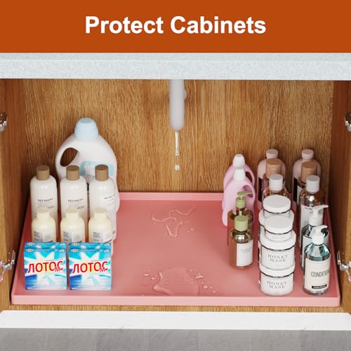 ukeetap Extra Thick Silicone Mat Waterproof with Raised Edge 22" x 19", Under Sink Mat for Kitchen & Bathroom, Kitchen Cabinet Liner, Multi-Purpose for Storage & Protection, Pink - color: Pink, size: 22"L x 19"W