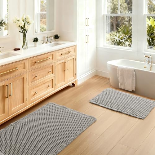 JIUZHEN Set of 2 Waffle Bathroom Rugs Super Absorbent Boho Bath Rugs Non Slip Washable Bath Mats Ultra Soft Machine Washable Shower Mats for Bathroom Floor, Tub, 16" x 24" +20" x 32", Grey - color: Grey, size: 16"x24" + 20"x32"