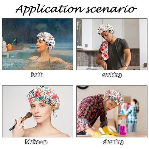 2 PCS Shower Cap Reusable Waterproof Adjustable Double Layer Elastic Dry Hair Bathing Caps Aesthetic Cute for Women Girls-Pink Flower - color: H-13-Pink Flower