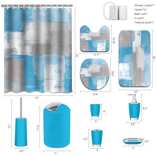 Lnond Blue Bathroom Set, 23-Piece Blue Grey Abstract Bathroom Decor Set with with Shower Curtain and Rugs, Trash Can, Toilet Brush Holder Set & Soap Dispenser - style: Blue Abstract