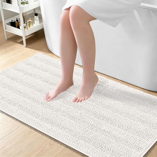 OLANLY Thick Large Bathroom Rugs 45x27, Extra Soft Absorbent Chenille Striped Bath Rugs, Rubber Backing, Machine Wash Dry, Bath Mats for Bathroom Floor, Tub and Shower, Home Decor Accessories, Ivory - color: Ivory, size: 45" X 27"