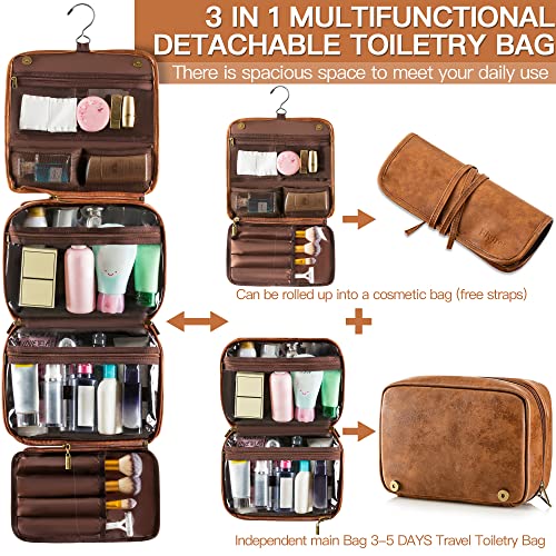 Elviros Hanging Travel Toiletry Bag Gift for Men，Mens Toiletries Bag Gifts Set Shaving Dopp Kit Water-resistant Bathroom Toiletries Organizer PU Leather Cosmetic Bags 2 Pack - color: Brown, size: 2 Piece