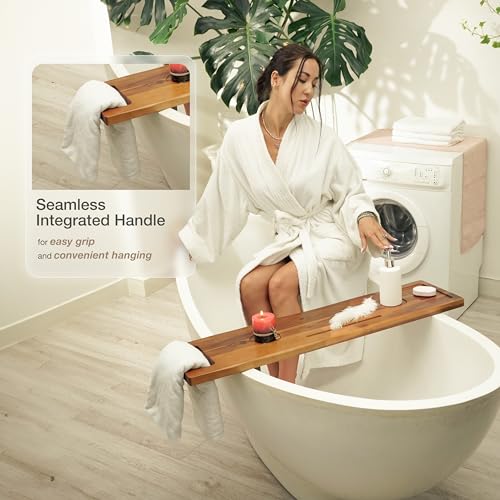 Tinamo Acacia Bathtub Caddy Tray Table | 39 x 9.75 x 2.5 Inch Large Bath Tub Tray Wooden | Anti-Tipping, Sustainable Tub Tray for Bathtub | Bathtub Accessories Holders for Bathtub (Acacia, 39x9.75) | Adjustable Feet, 39" x 9.75" x 2.5", Phone & Drink Hold