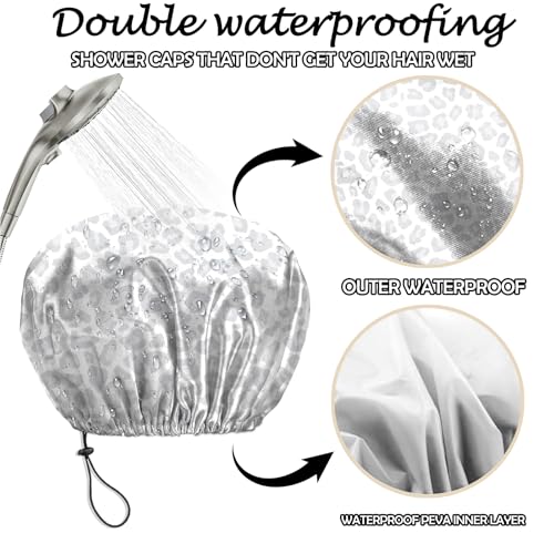 2 PCS Shower Cap Reusable Waterproof Adjustable Double Layer Elastic Dry Hair Bathing Caps Aesthetic Cute for Women Girls-Blue Gray - color: H-4-Blue Gray